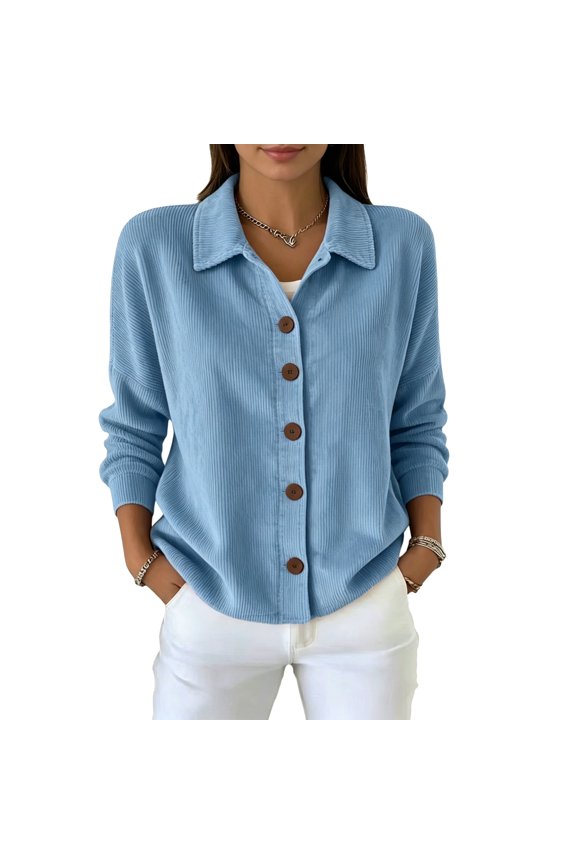 Cardigan Shirts for Women Collared Waffle Knit Button Down Shacket Drop Shoulder Long Sleeve Fall Winter Blouses Blue S