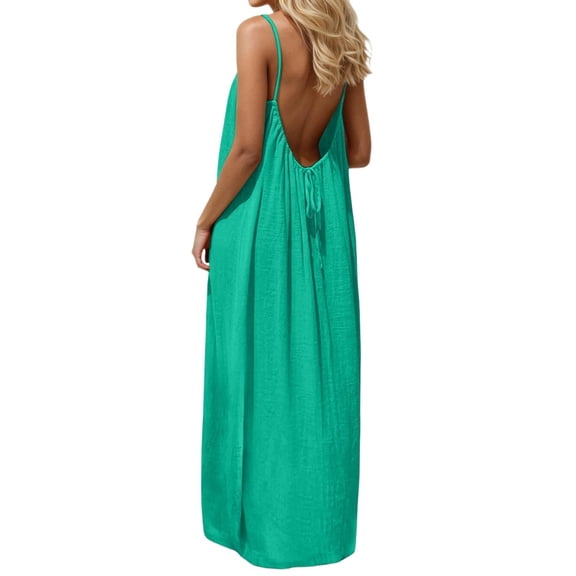 longantii Casual Dresses for Women Sleeveless Backless Cami Dress Spaghetti Strap Flowy Beach Summer Loose Vacation Maxi Sundress Green M