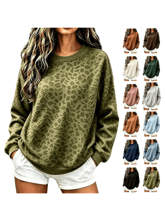 Casual Sweatshirts for Women Fashion Long Sleeve Crewneck Shirts Oversized Leopard Printed Fall Daily Pullovers Tops Green M