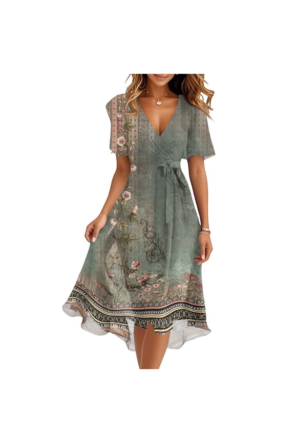 Chiffon Dresses for Women A Line V Neck Ruffled Hem Midi Dresses Short Sleeve Elegant Classy Floral Beach Flowy Dress 2026 Spring Summer Wedding Guest Dress Army Green L