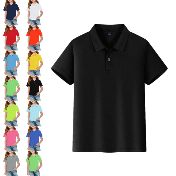 longantii Children School Polo Shirts Casual Collared Short Sleeve Uniform Classic Fit Back To School T-Shirts Solid Color Pullover for Boys & Girls Black 5-6 Year