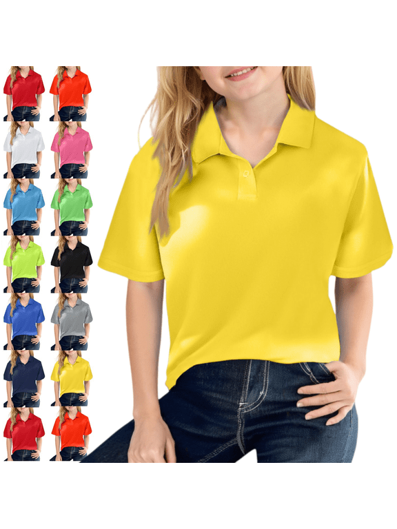 School Polo Shirts Comfy Collared Short Sleeve Uniform Lightweight Back To School Tops Solid Color Outfit for Youth Yellow 9-10 Year