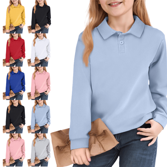 longantii School Polo Shirts Sport Lapel Collared Long Sleeve Uniform Modern Fit Back To School Shirts Solid Color Outfit for Boys & Girls Blue 9-10 Year