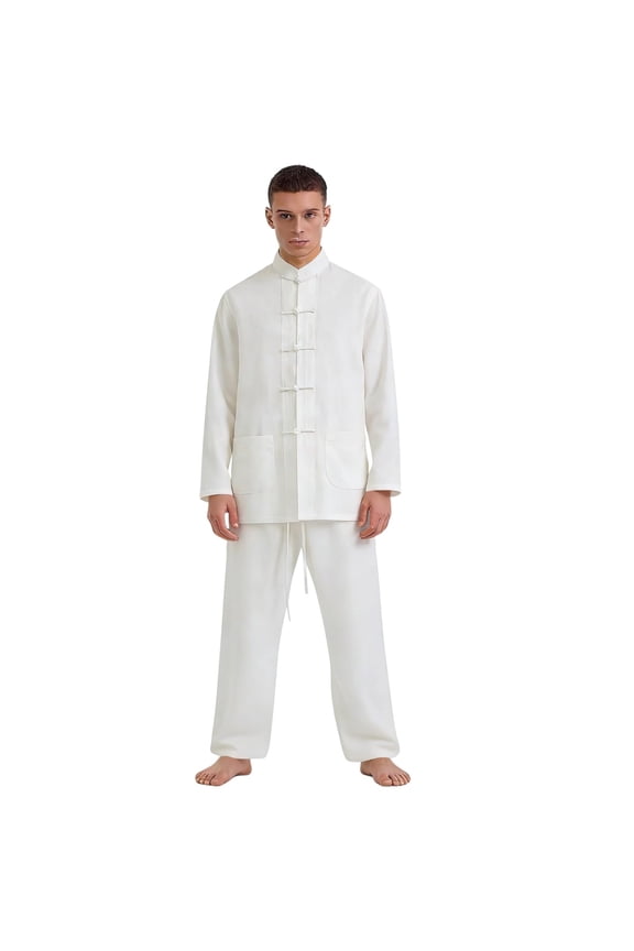 Chinese Traditional Tang Suit - Men's Tai Chi Kung Fu Uniform Set, Cotton Linen Martial Arts Apparel for Qi Gong & Shaolin Training White S