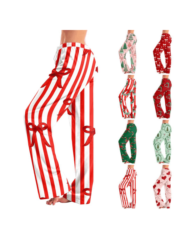 Christmas Pajamas for Women Soft Wide Leg Long Pants Pull-On Trousers Fall Winter Indoor Xmas Bottoms with Drawstring Red S
