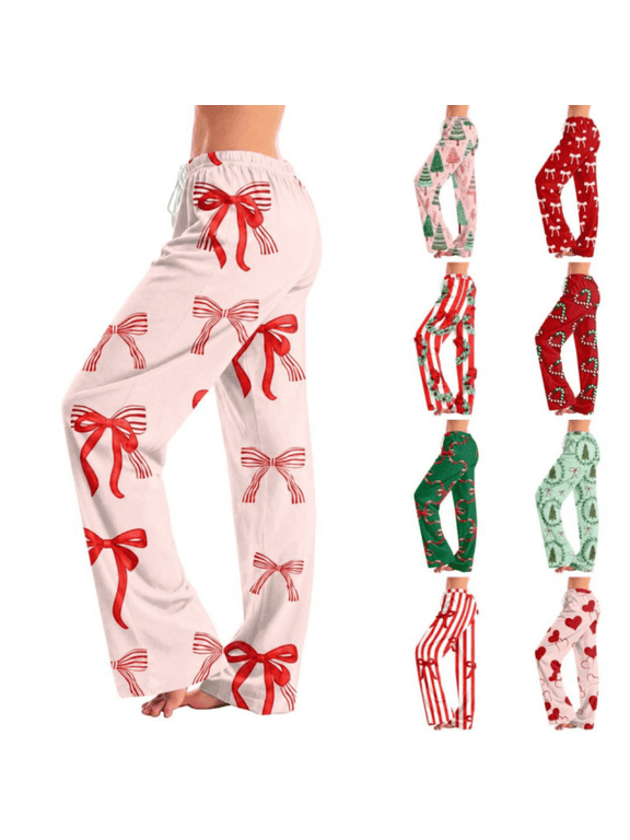 Christmas Pajamas for Women Trendy Wide-Leg Long Pants Pull On Joggers Fall Winter Lounge Xmas Printed Bottoms with Drawstring Pink S