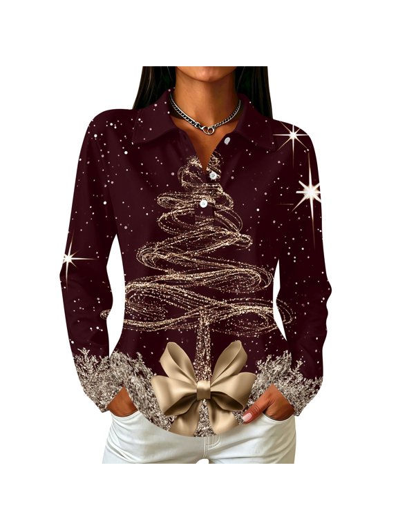 Christmas Shirt for Women Long Sleeve Reindeer Print Blouses Comfy Collared Henley Merry Christmas Shirts Fall Spring Going Out Streetwear Yellow XL