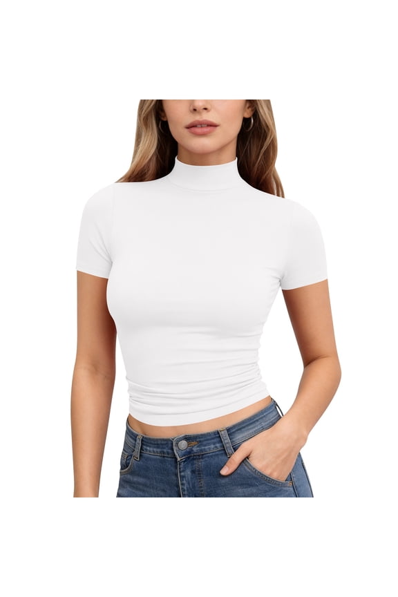 Compression Mock Turtleneck Tops for Women 1/2 Short Sleeve Slim Fit Stretchy Mock Neck Tops Basic Turtle Neck Top