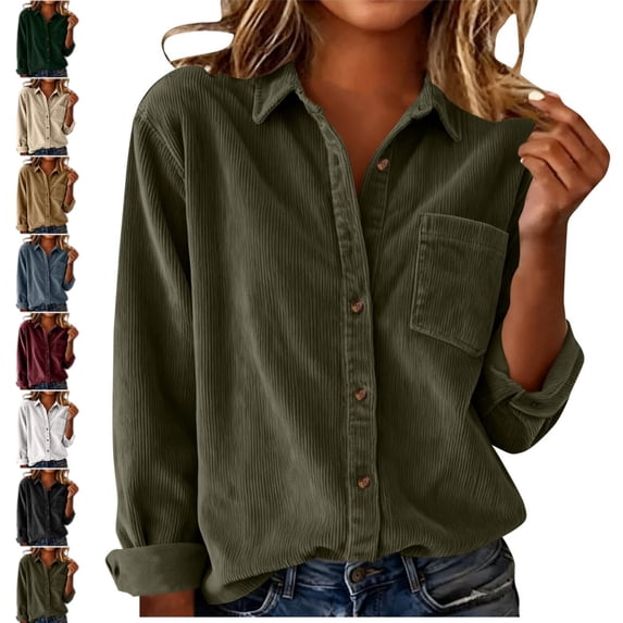 longantii Corduroy Shirt for Women Collared Button Down Vintage Corduroy Shirt Long Sleeve Chest Pocket Relaxed Fit Casual Fall Winter Daily Wear Tops