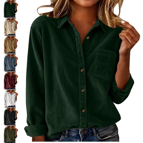 longantii Corduroy Shirt for Women Collared Button Down Vintage Corduroy Shirt Long Sleeve Chest Pocket Relaxed Fit Casual Fall Winter Daily Wear Tops