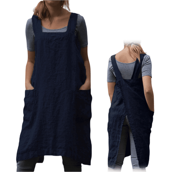 longantii Cotton Linen Apron for women Cross Back Apron Pinafore Dress for Baking Cooking Gardening Work Navy M