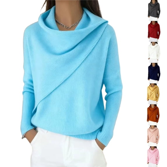 longantii Cowl Neck Wrap Knit Sweater for Women Long Sleeve Draped Collar Loose Fit Casual Daily Fall Winter Pullover Top
