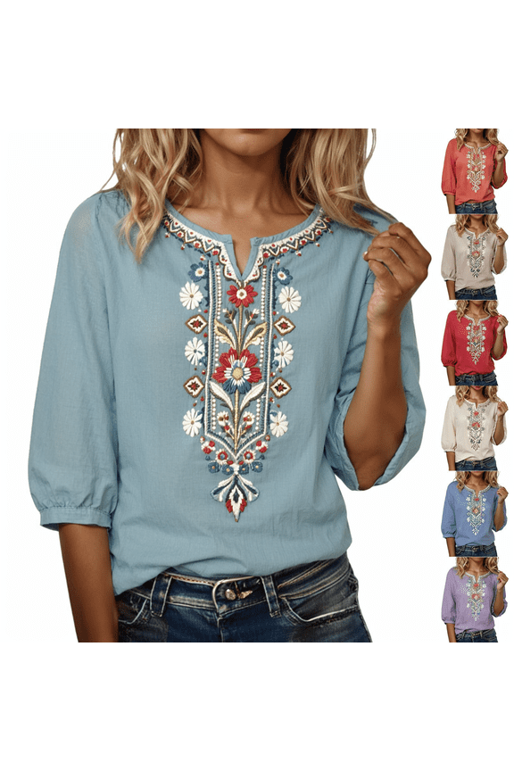Embroidered Tops for Women 3/4 Sleeve Boho Cotton Linen Shirts Plus Size V Neck Tunic Peasant Clothes Blue M