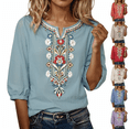 thumbnail image 1 of longantii Embroidered Tops for Women 3/4 Sleeve Boho Cotton Linen Shirts Plus Size V Neck Tunic Peasant Clothes Blue XL, 1 of 8
