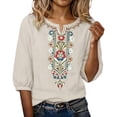 thumbnail image 1 of longantii Embroidered Tops for Women 3/4 Sleeve Boho Cotton Linen Shirts Plus Size V Neck Tunic Peasant Clothes White XL, 1 of 5