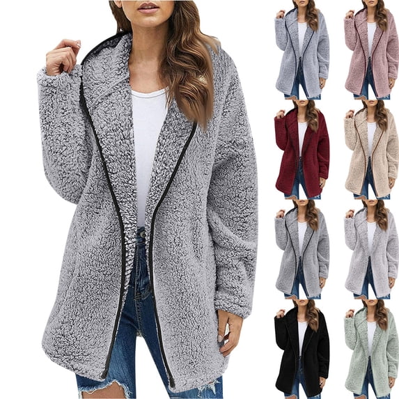 longantii Fleece Jackets for Women Hooded Full Zip Sherpa Cardigan Fuzzy Plush Outerwear Long Sleeve Mid-Length Coat with Pockets Trendy Warm Cozy Fall Winter Outfits