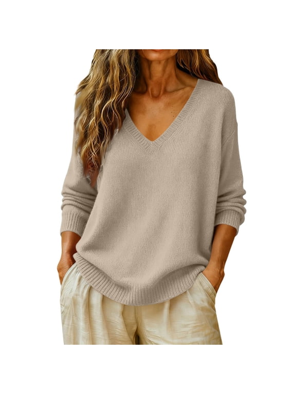 Fleece Sweaters for Women Cozy Casual V Neck Knit Pullover Tops Oversized Classic Wool Sweater Lightweight Long Sleeve Warm Fall Winter Clothes
