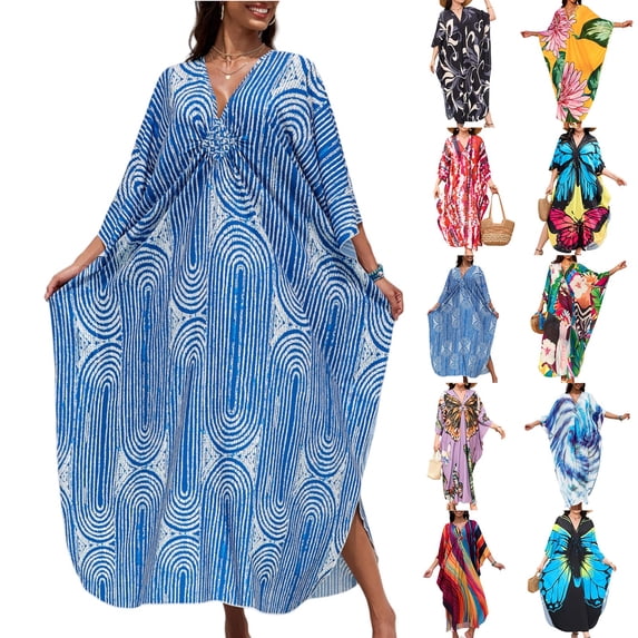 longantii Floral Print Kaftan Dresses for Women Ethnic Boho Print swim cover up Batwing Sleeve Vneck Caftans Royal Blue