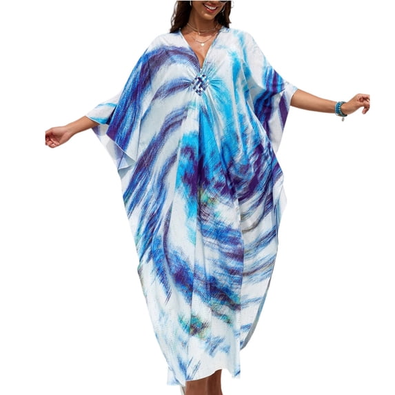 longantii Floral Print Kaftan Dresses for Women Ethnic Boho Print swim cover up Batwing Sleeve Vneck Caftans Sky Blue