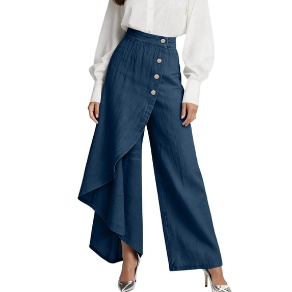longantii Flowy Pants for Women Button Up High Waisted Wide Leg Pants Trendy Side Split Slit Summer Straight Leg Trousers Fashion Elegant Trousers Business Casual Outfits Dark Blue XL