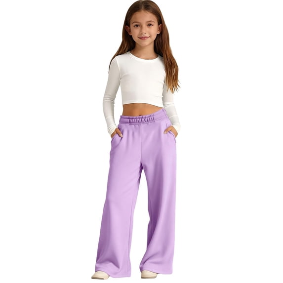 longantii Girl's Baggy Straight Wide Leg Sweatpants Elastic Waisted Jogger Trackpants with Pockets Preppy Hip Hop Dance Trousers Purple 3-4 Years