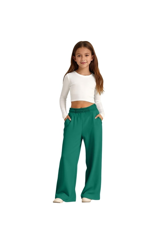 Girls Baggy Wide Leg Sweatpants Kids Sweat Pants for Teen Drawstring Waist Oversized Loose Joggers with Pockets Green 13-14 Years