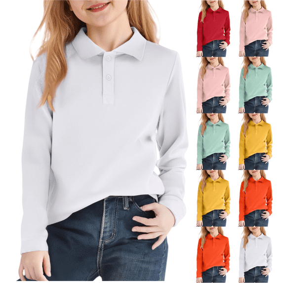 longantii Girls Polo Shirt Long Sleeve Classic Collared School Shirts Solid Color Uniforms Golf Polo Shirts 2026 Fall School Outfits Girls Red 9-10 Years