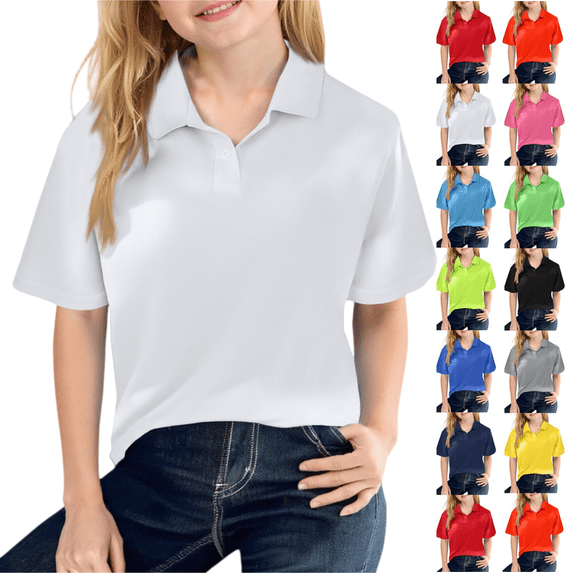 longantii Girls Polo Uniform Shirt Short Sleeve Classic Collared School Uniforms Golf Polo Shirts Solid Color Uniforms 2026 Summer Outfits Navy 9-10 Years