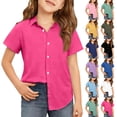 thumbnail image 1 of longantii Girls Short Sleeve Dress Shirts Kids Summer School Uniform Button Down Shirt Hot Pink 10-11 Years, 1 of 5