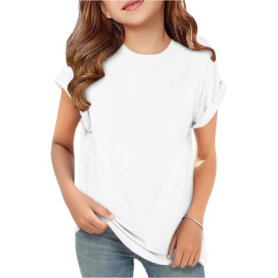 longantii Girls Short Sleeve T Shirts Kids Curve Hem Soft Tops Summer Casual Crewneck Tees White 3-4 Years