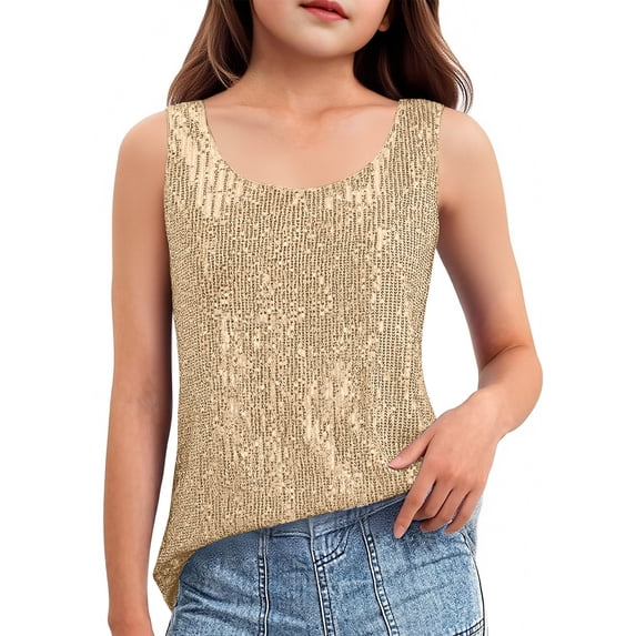 longantii Girls Summer Sleeveless Sequin Tops Scoop Crew Neck Sparkly Shimmer Tanks Tops Blouses Green 13-14 Years