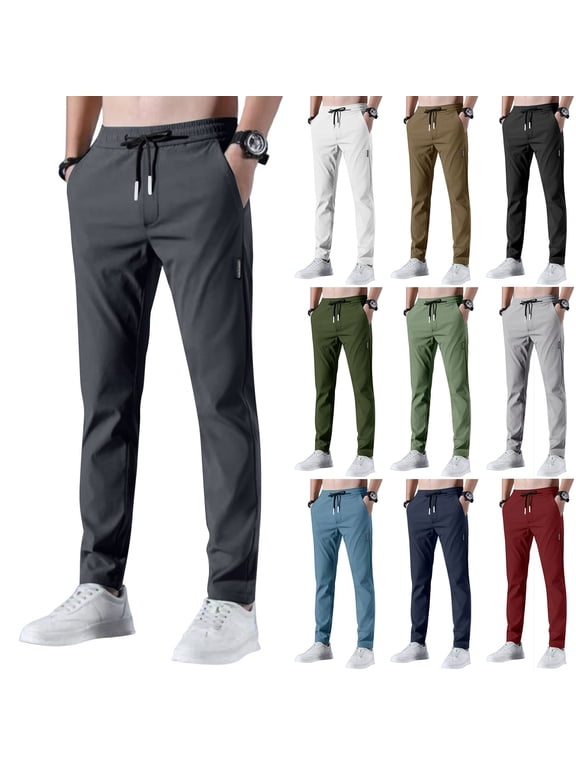 Golf Pants Men Quick Dry Breathable Pants Stretch Elastic Waist Drawstring Active Hiking Trousers with Pockets Dark Gray L