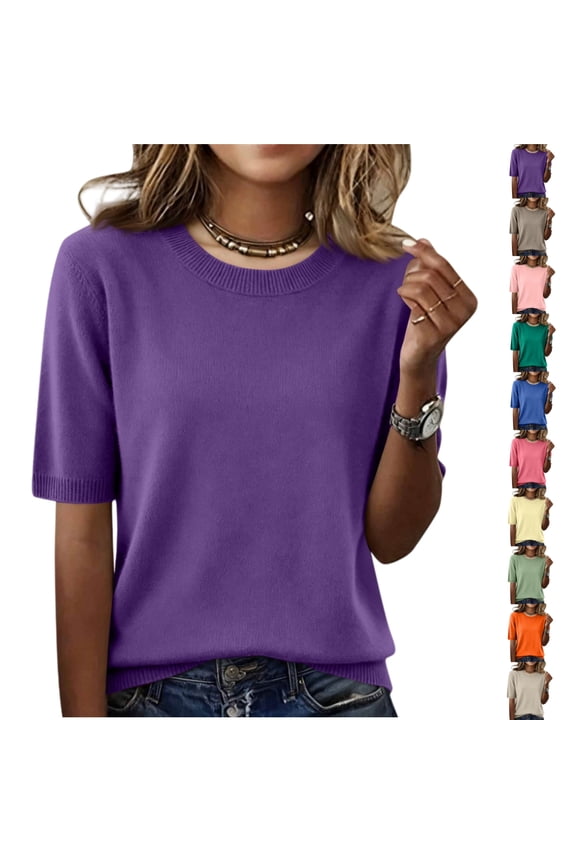 Half Sleeve Tops for Women Elbow Length Crew Neck Loose Blouse Summer Casual Lightweight Plus Size 3/4 Sleeve Shirts Dark Purple XXL