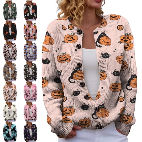 longantii Halloween Knit Sweater for Women Button Front Long Sleeve Ghost Pumpkin Print Lightweight Casual Party Cardigan