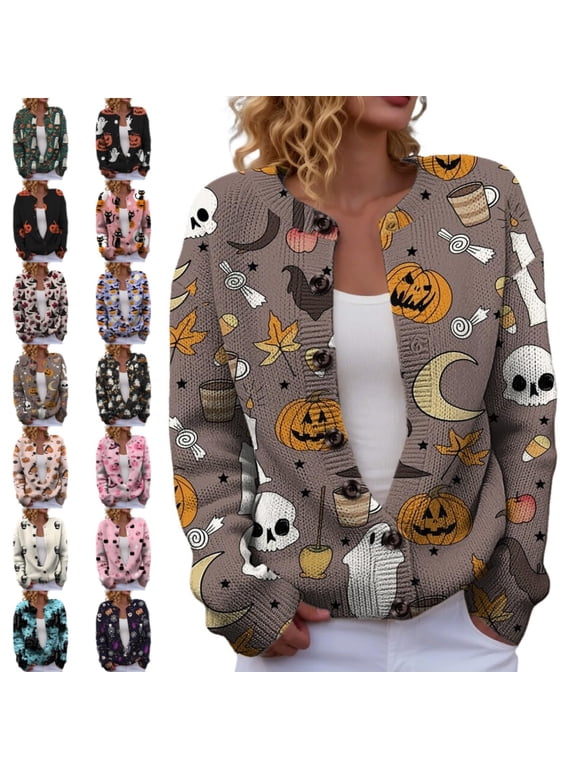 Halloween Knit Sweater for Women Button Front Long Sleeve Ghost Pumpkin Print Lightweight Casual Party Cardigan