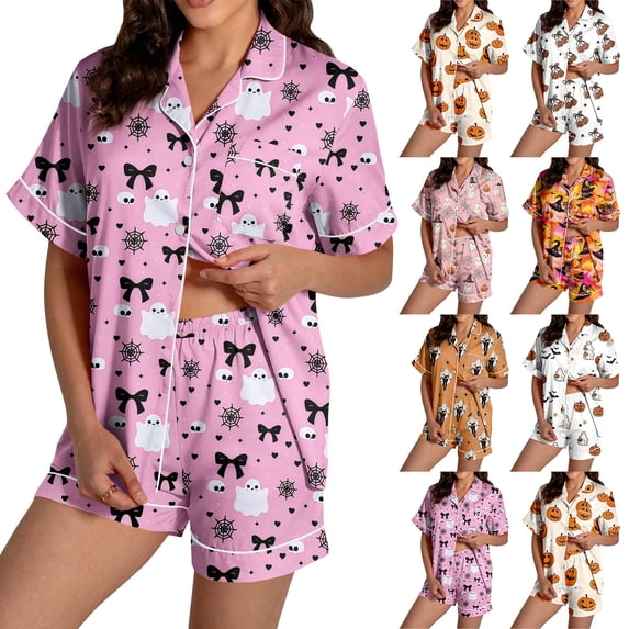 longantii Halloween Pajama Sets for Women 2 Piece Ghost Pumpkin Print Shirts and Shorts Pjs Set Button Down Comfy Sleepwear