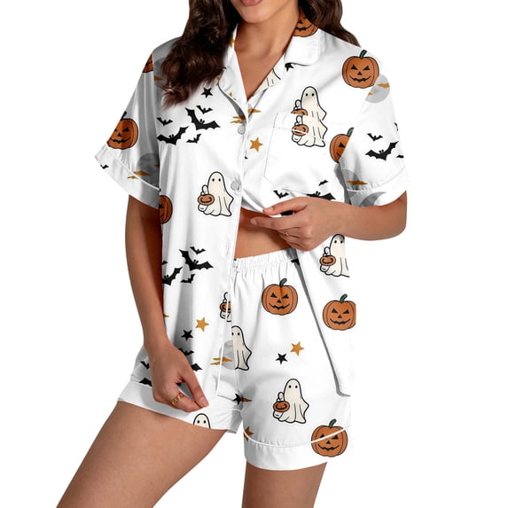 longantii Halloween Pajama Sets for Women 2 Piece Ghost Pumpkin Print Shirts and Shorts Pjs Set Button Down Comfy Sleepwear