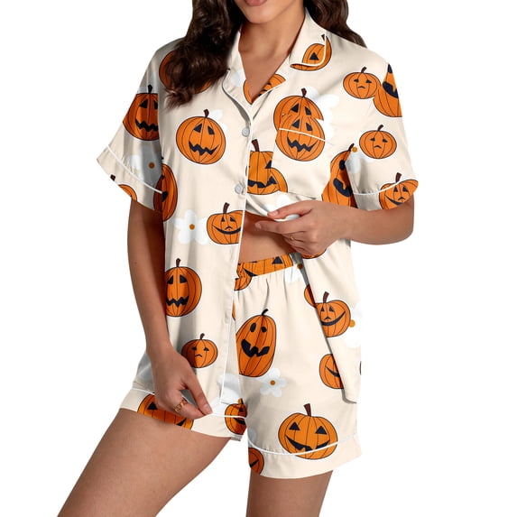 longantii Halloween Pajama Sets for Women 2 Piece Ghost Pumpkin Print Shirts and Shorts Pjs Set Button Down Comfy Sleepwear