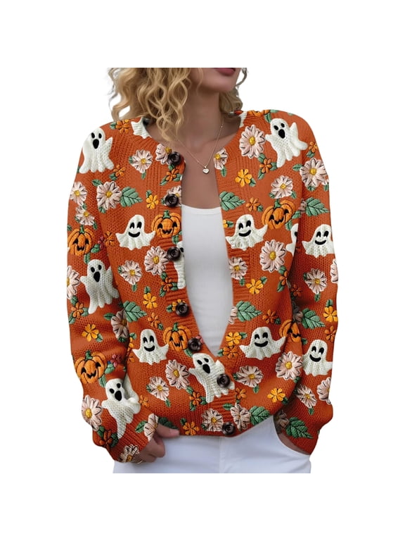 Halloween Sweaters for Women Cute Pumpkin Cardigan Long Sleeve Casual Vintage Ghost Witch Print Cardigan Fall 2026 Outfits for Funny Party Orange XL