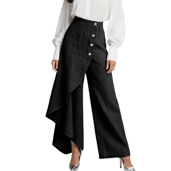 longantii High Waist Wide Leg Pants for Women Asymmetrical Ruffle Palazzo Fashion Elegant Trousers Business Casual Outfits Black XXL