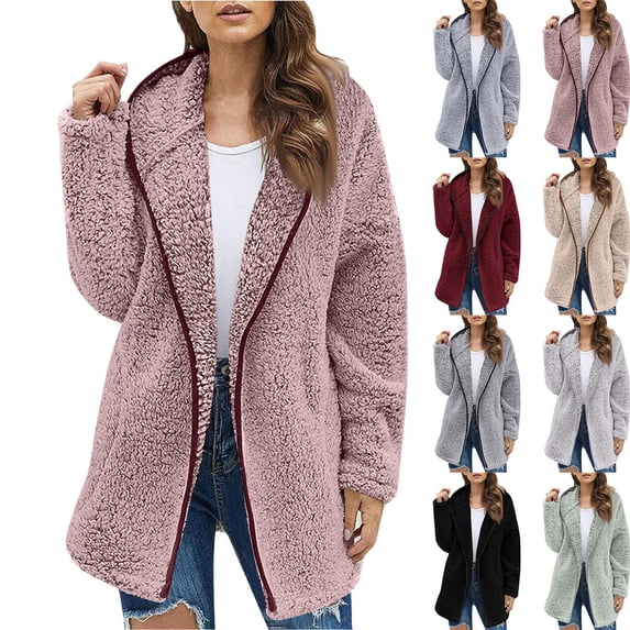longantii Hooded Fleece Jackets for Women Zip-Up Sherpa Cardigan Coat Fuzzy Plush Long Sleeve Mid-Length Outerwear Pockets Casual Trendy Cozy Fall Winter