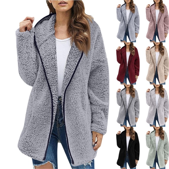 longantii Hooded Fleece Jackets for Women Zip-Up Sherpa Cardigan Coat Fuzzy Plush Long Sleeve Mid-Length Outerwear Pockets Casual Trendy Cozy Fall Winter