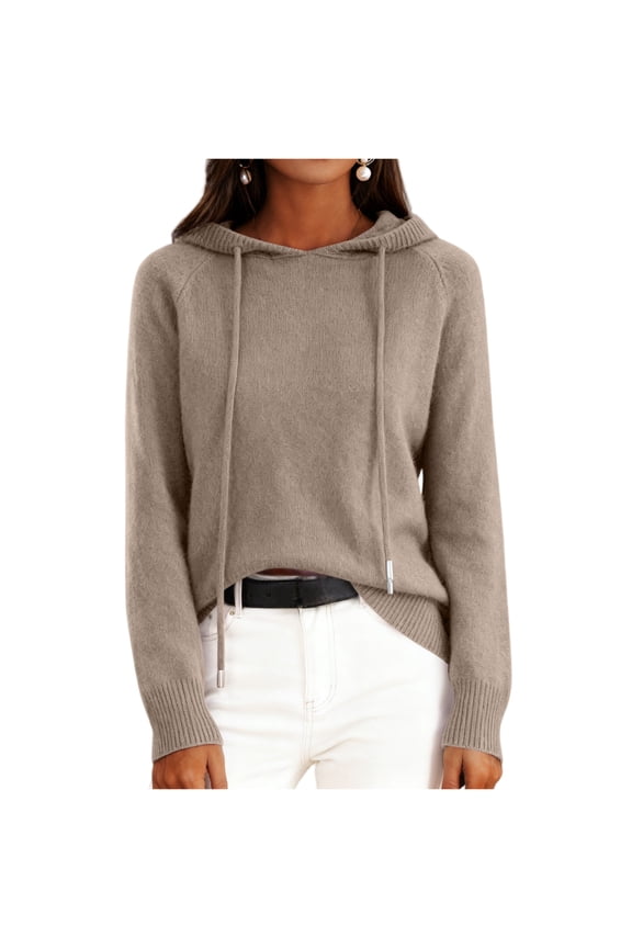 Hooded Sweaters for Women Long Sleeve Lightweight Casual Soft Cotton Tops Fall Fashion Solid Drawstring Clothes Light Brown XXL
