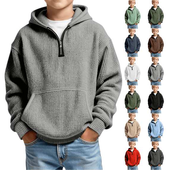 longantii Hoodies for Boys Quarter Zip Waffle Knit Pullover Hooded Sweatshirt Tops,Kids Zip Long Sleeve Hoodie,Teen Boy Fashion Fall Winter Casual Sweatshirts,Back to School Clothes 4-14 Years