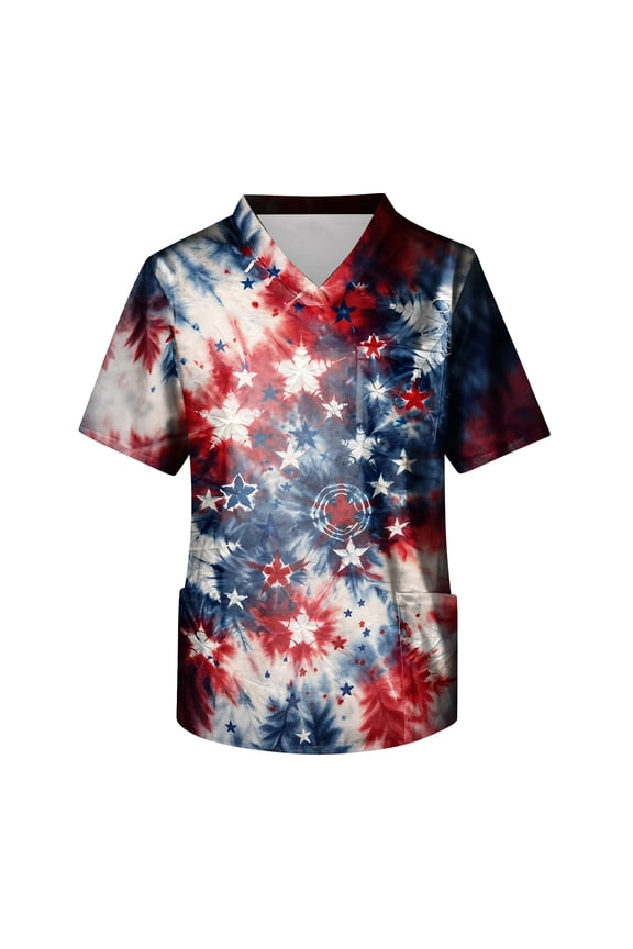 Independence Day Scrubs for Men Fashion Patriotic V-Neck Short Sleeve Graphic Printed Scrub Uniform Summer Comfortable Stretchy Work Uniform with Pockets Hot Pink L