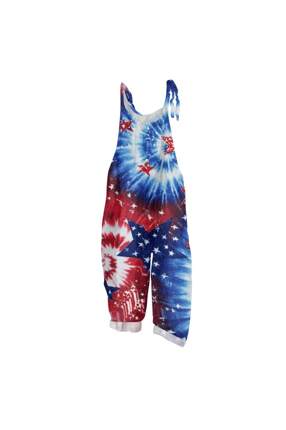 Jumpsuits for Women 4th Of July Usa Flag Print Coverall Loose Fit Sleeveless Straight Leg Rompers Pants Summer Spaghetti Straps Clothing Blue 2XL