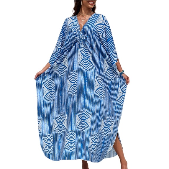 longantii Kaftan Dresses for Women Boho V-Neck Batwing Sleeve Cover-Up Relaxed Fit Maxi Dress Color Block Pool Wear Summer One Size
