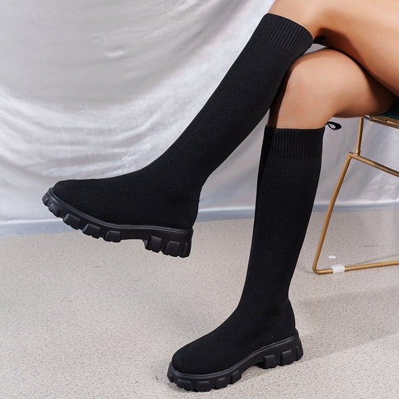 longantii Knee High Boots, Women's Modern Tall Footwear, Round Toe Stretch Knit Sock, Lug Platform Sole, Pull On Design, Trendy Street Fashion Footwear, Fall Casual Styling