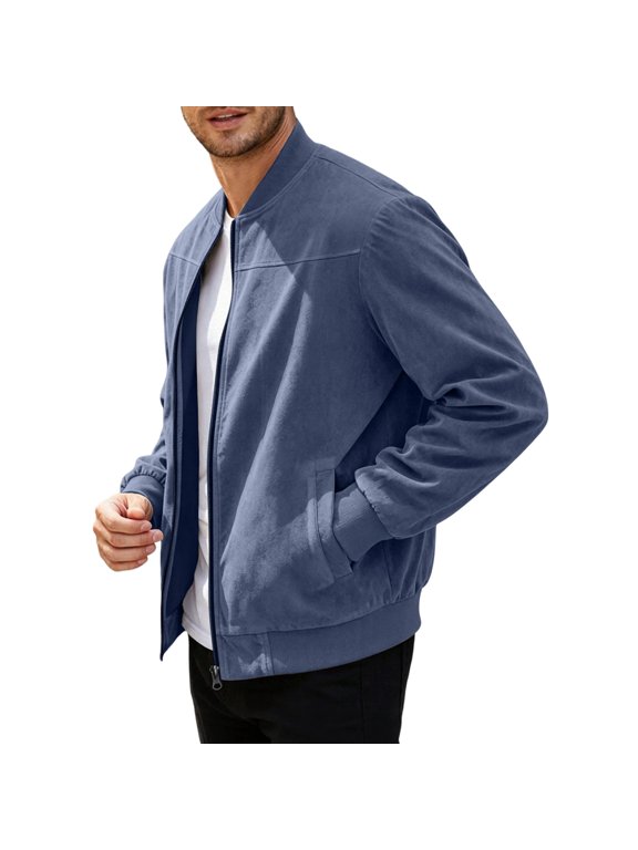 Lightweight Jackets for Men Faux Suede Stand Collar Full Zip Outerwear Loose Fit Solid Casual Commuter Tops Daily Spring Fall Loungewear with Side Pockets Blue 3XL