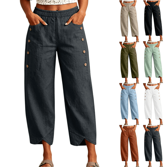 longantii Linen Pants Women Elastic Waist Side Button Capri Pants Cropped Boho Wide Leg Palazzo Pants Summer Beach Lounge Pant Capri Trousers with Pockets Green L